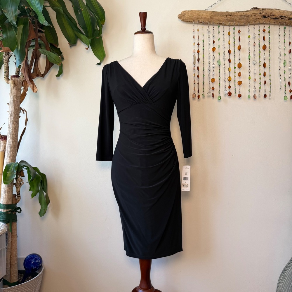 Lauren Ralph Lauren Black Faux Wrap Midi Dress 3/4 Sleeve Office Chic 2P NWT